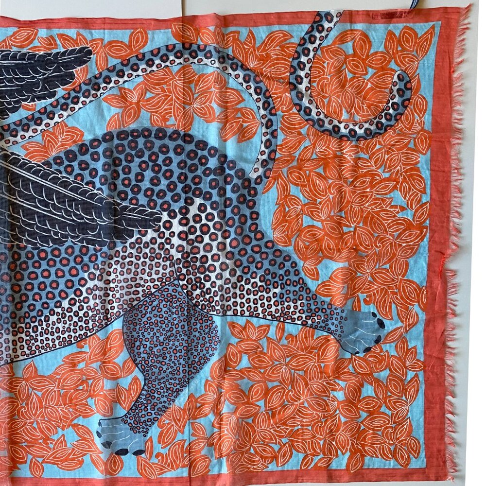 Inouitoosh Cotton and Silk Wing Cheetah Orange Blue Scarf 78"x38" - Picture 7 of 8